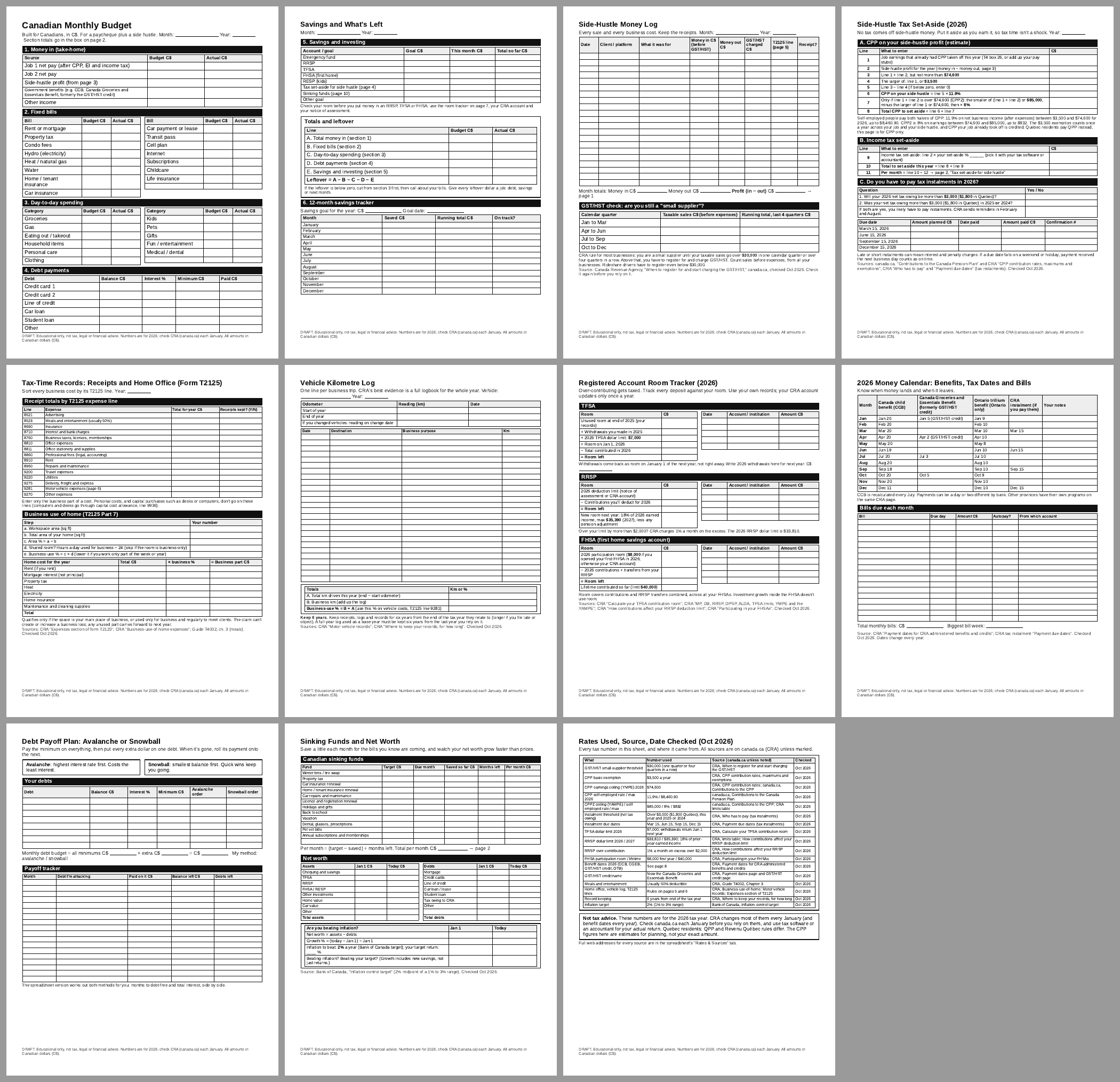 Preview of the Canadian budget sheet pages