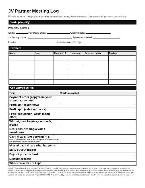 Preview of the JV meeting log pages